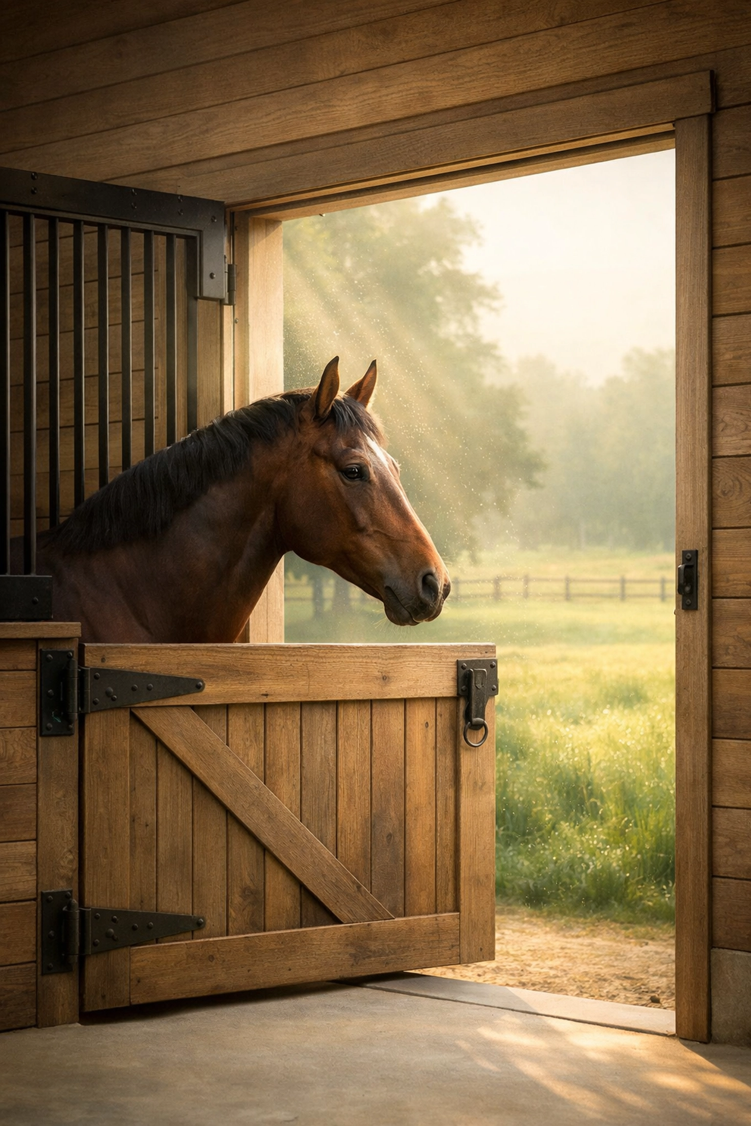 Horse at Dutch door showing natural ventilation in luxury Charlotte stable design