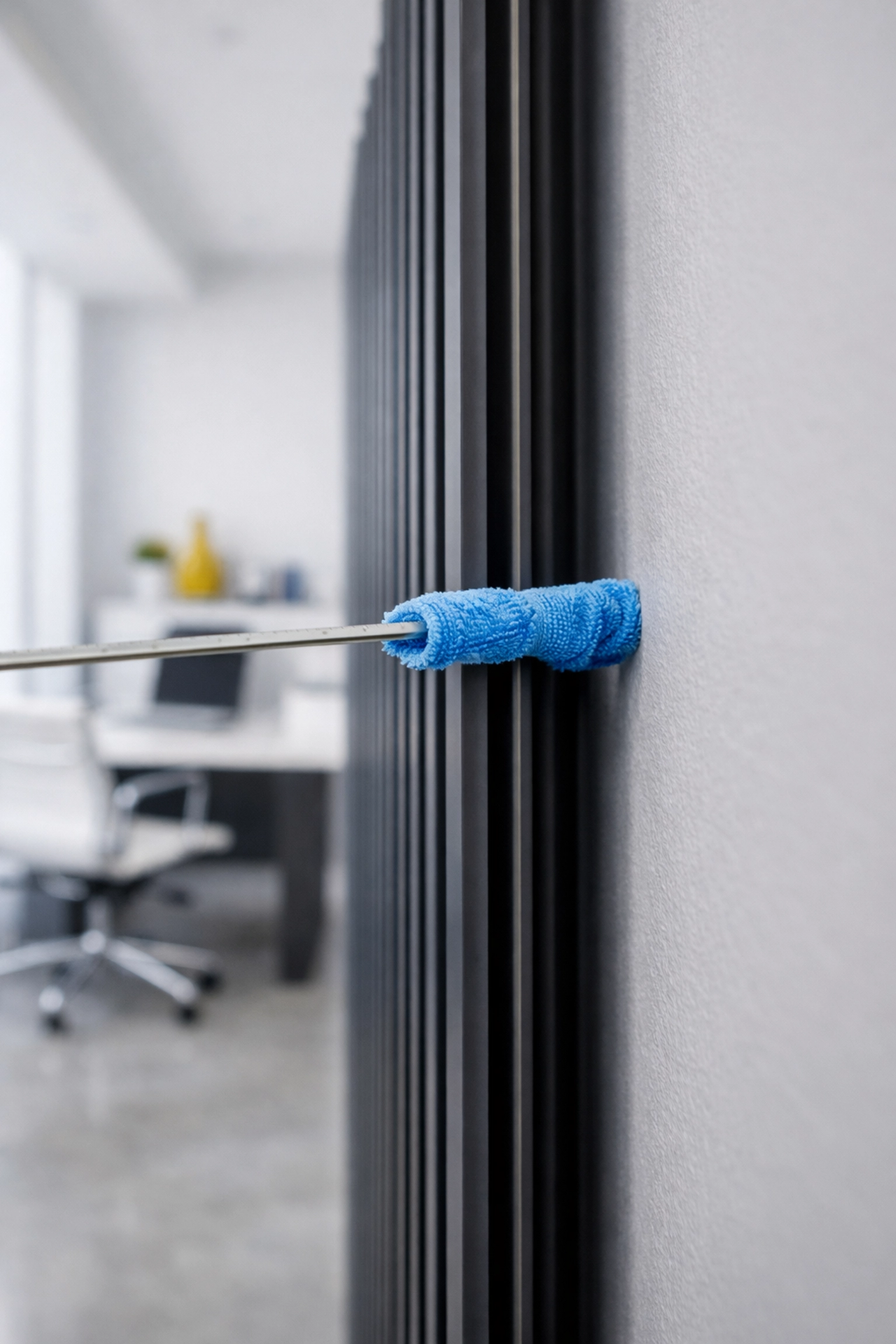A yardstick wrapped in a microfiber cloth used to clean dust from the gap behind a radiator.