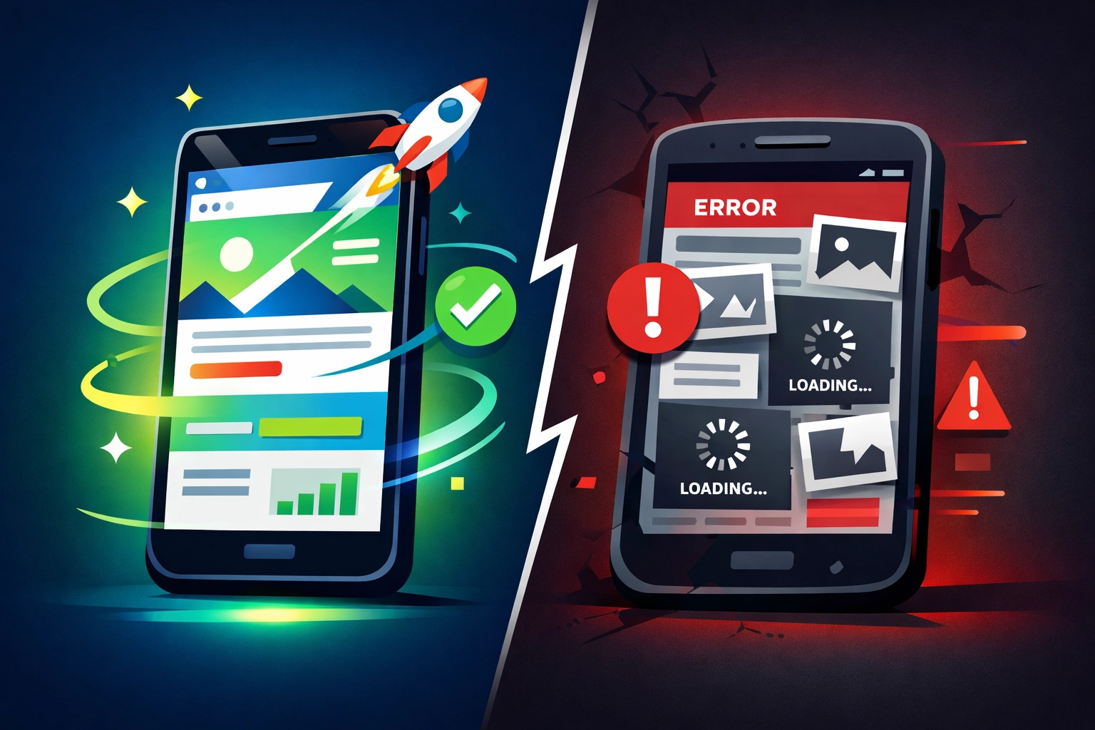 Mobile responsive website comparison showing fast modern site versus slow outdated website