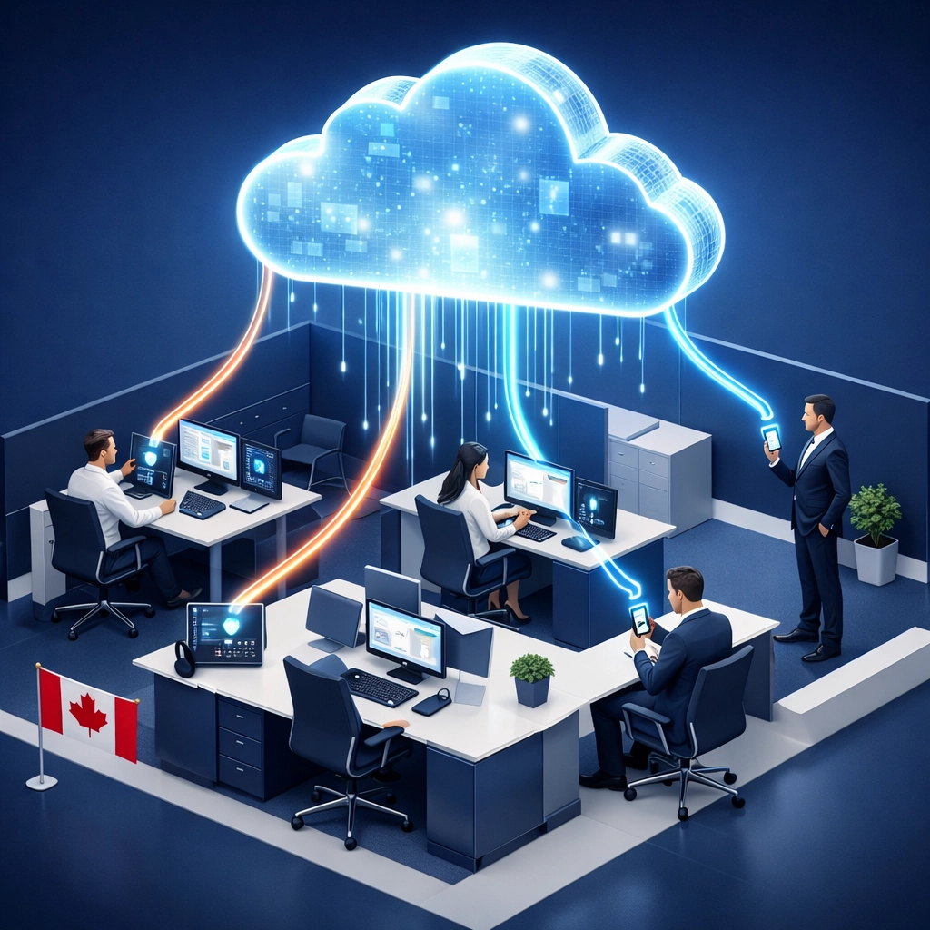 Conceptual cloud PBX Canada service connecting modern office phones and mobile devices.