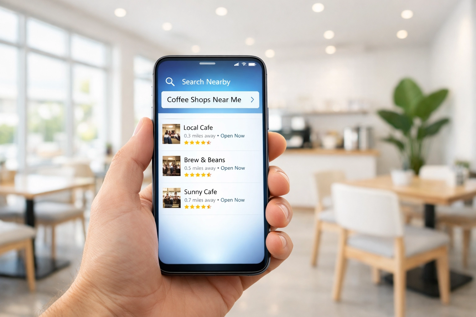 A person using a smartphone to perform a local business search inside a bright, modern cafe.