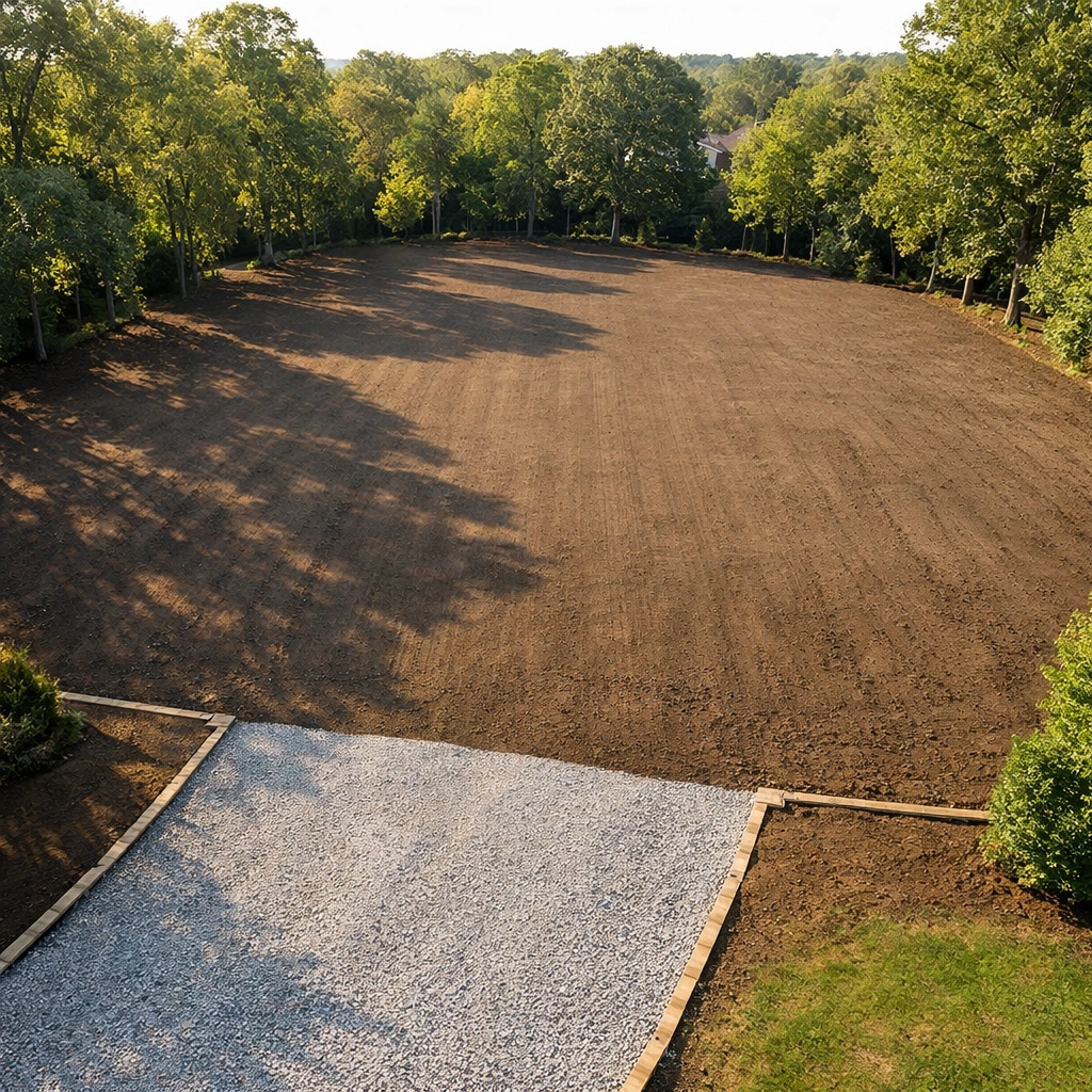 Aerial drone view of a perfectly graded residential lot with a clean gravel driveway.