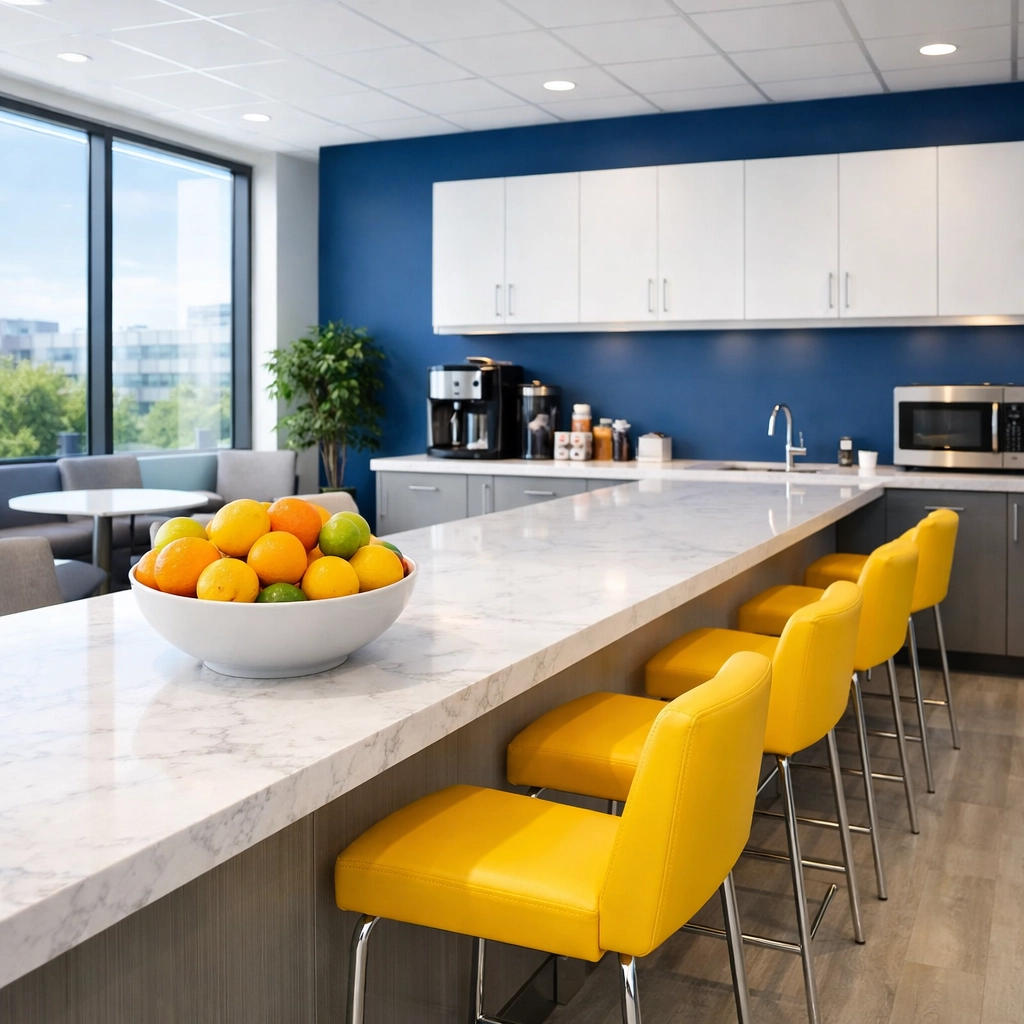 A spotless, modern office breakroom in Palmer, MA, professionally cleaned and ready for the business day.