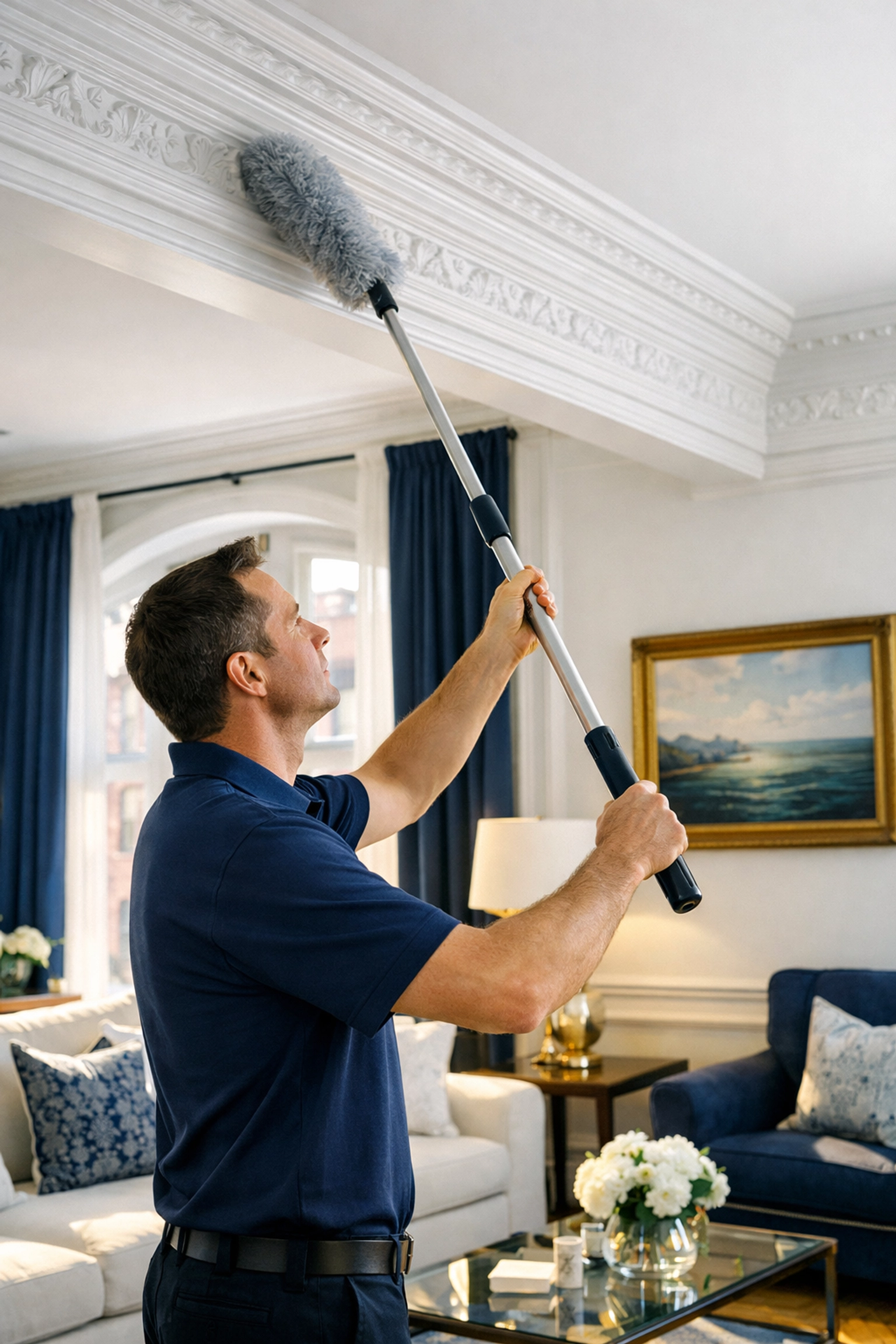 Professional cleaner performing deep cleaning in Boston by dusting high crown moldings in a bright brownstone.