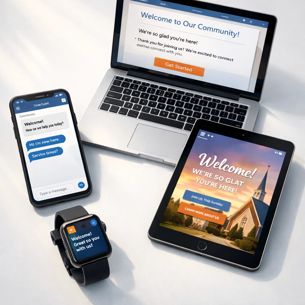 Multi-channel church communications automation across smartphone, laptop, tablet and smartwatch devices