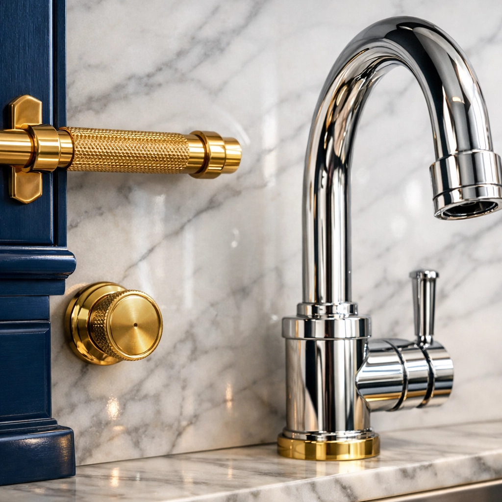 Polished brass fixtures and marble in a Hingham estate, part of luxury home maintenance.