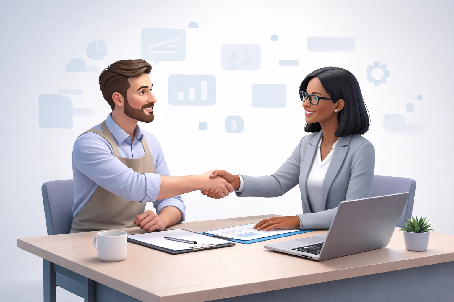 Small business owner shaking hands with an HR consultant, illustrating PEO partnership benefits