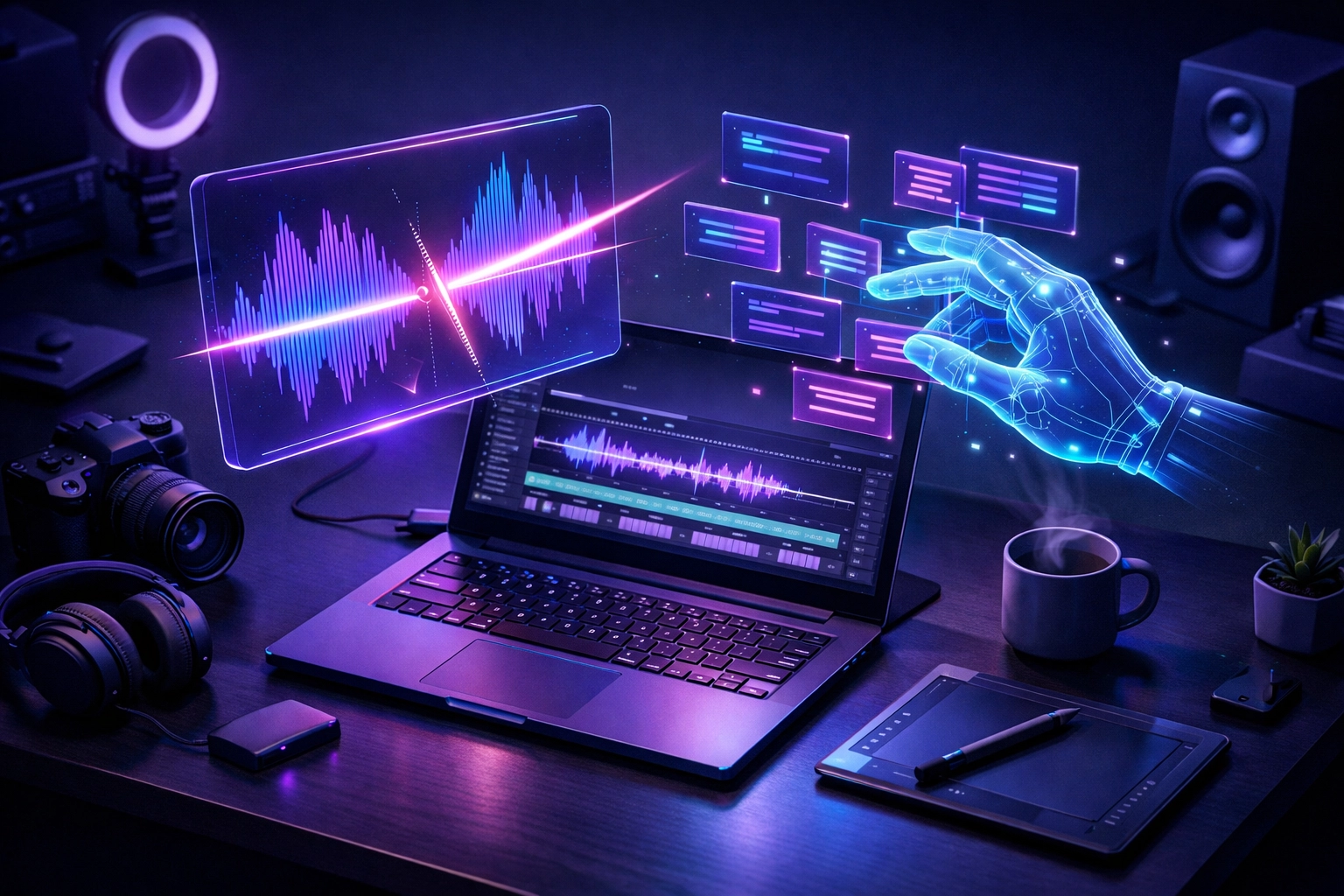 Holographic interface showing AI video editing tools being used to optimize Reels for social media.