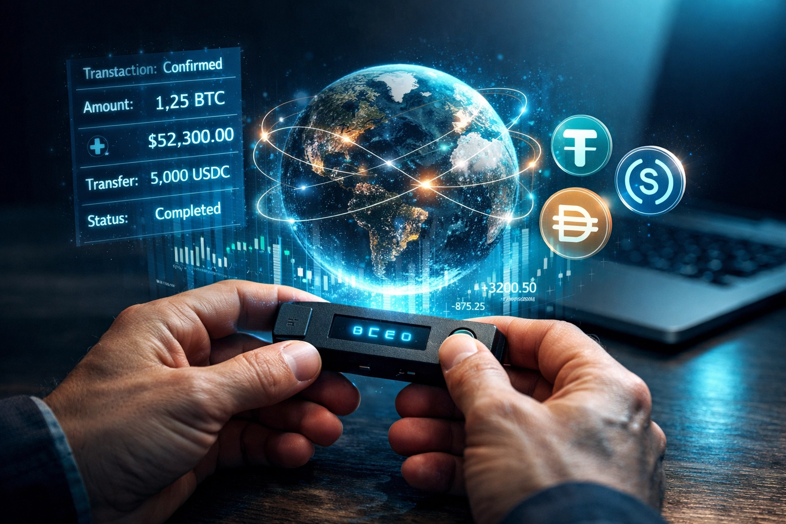 Merchant holding hardware wallet with global crypto transaction data and payment routes