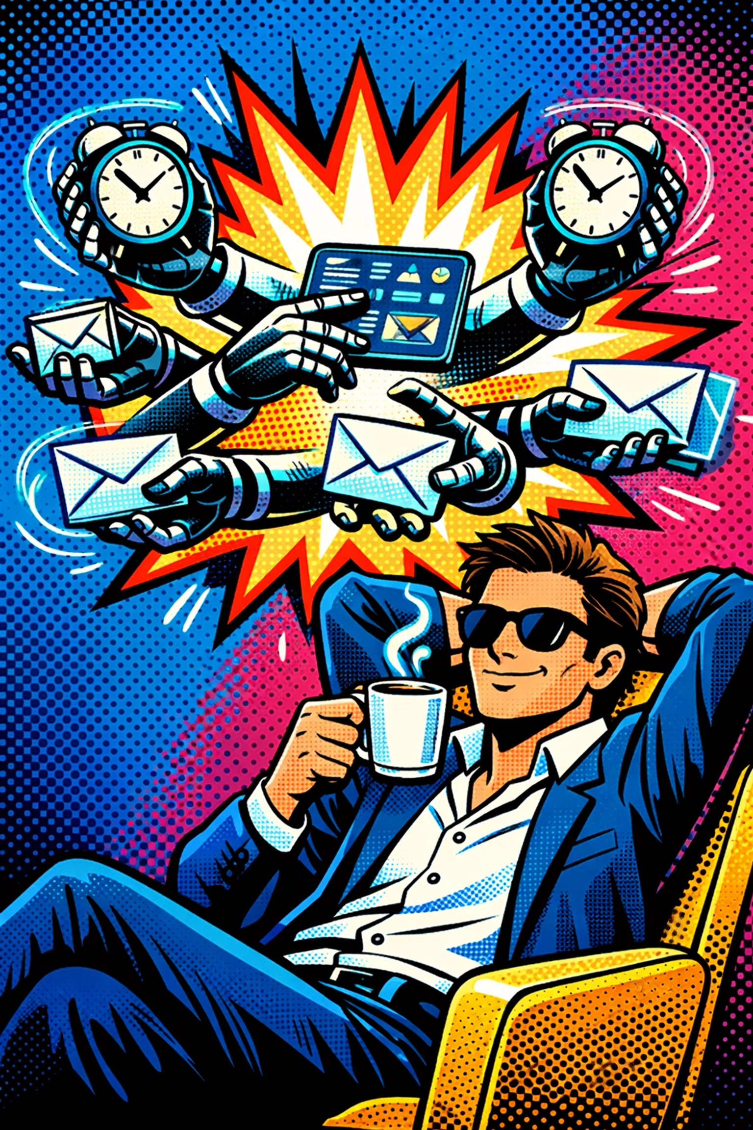 Entrepreneur relaxing while business automation tools handle repetitive admin tasks.