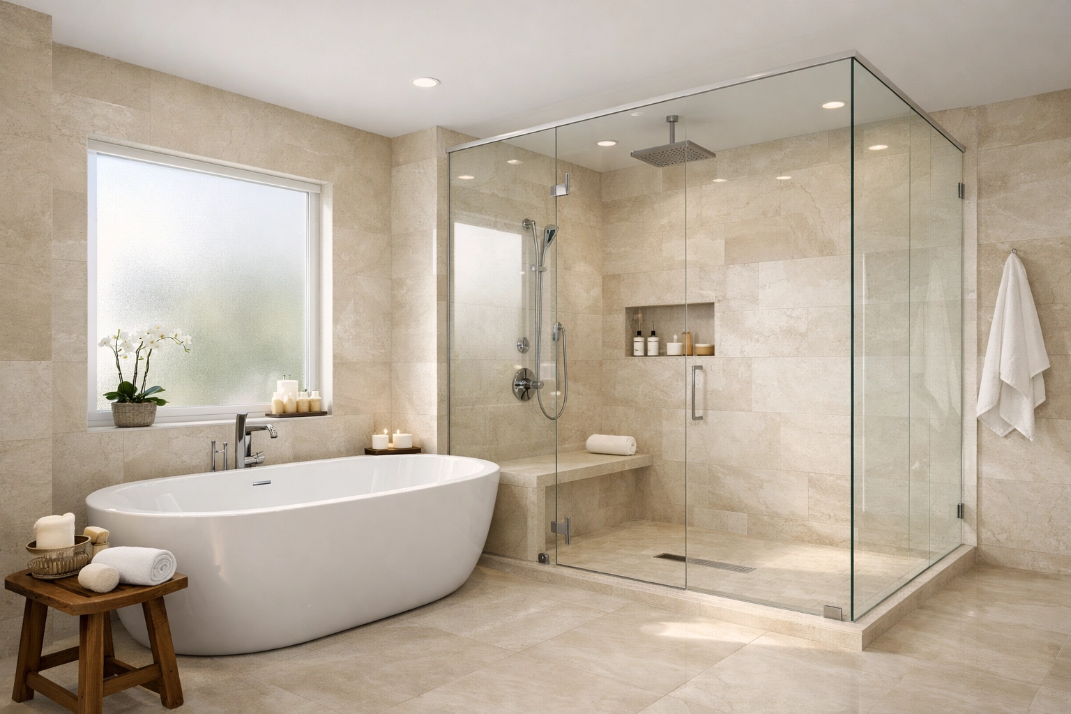 Modern bathroom renovation Orlando featuring a freestanding soaking tub and stone tile walk-in shower.