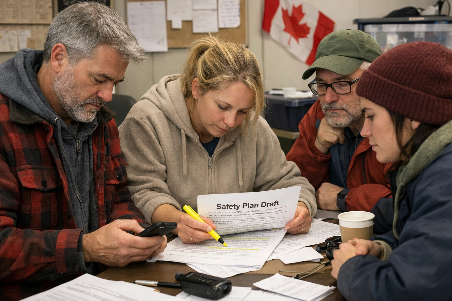 Small group of volunteers doing a quick review of a safety plan draft at a Canadian fair office table
