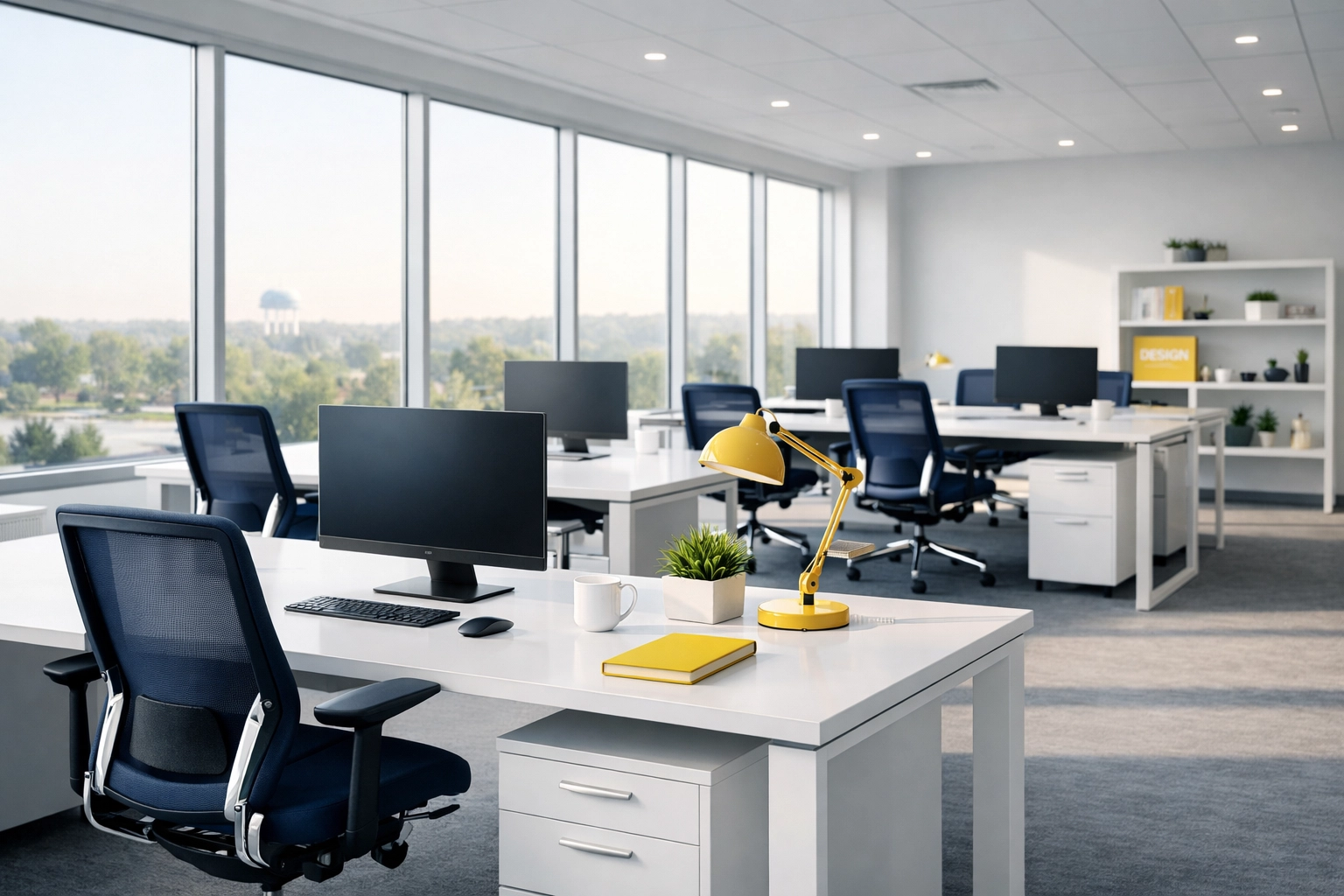 Clean, modern open-plan office in Milford, MA, showcasing a productive and organized workspace environment.