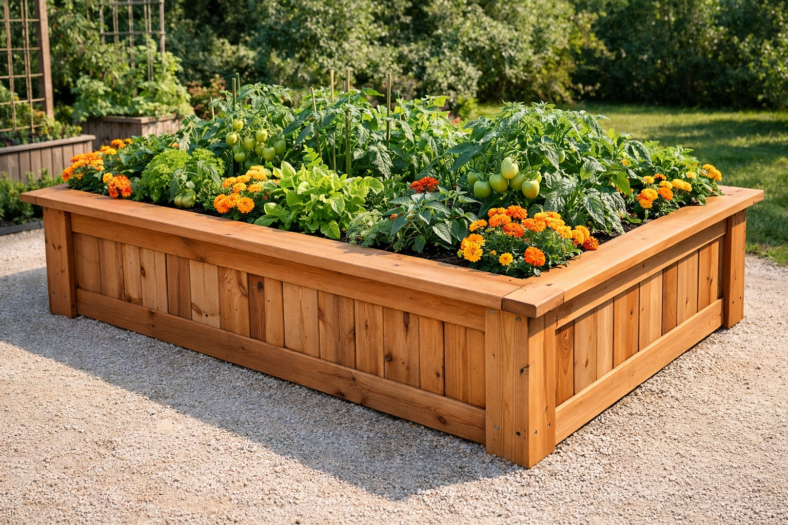 Waist-high raised garden bed with a sitting ledge and a wide, stable gravel path for fall prevention.