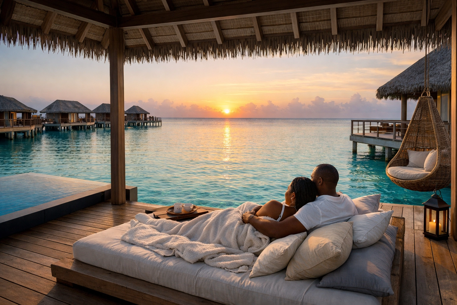 Sunrise at a luxury overwater bungalow arranged by an Omaha based adults only travel agent.