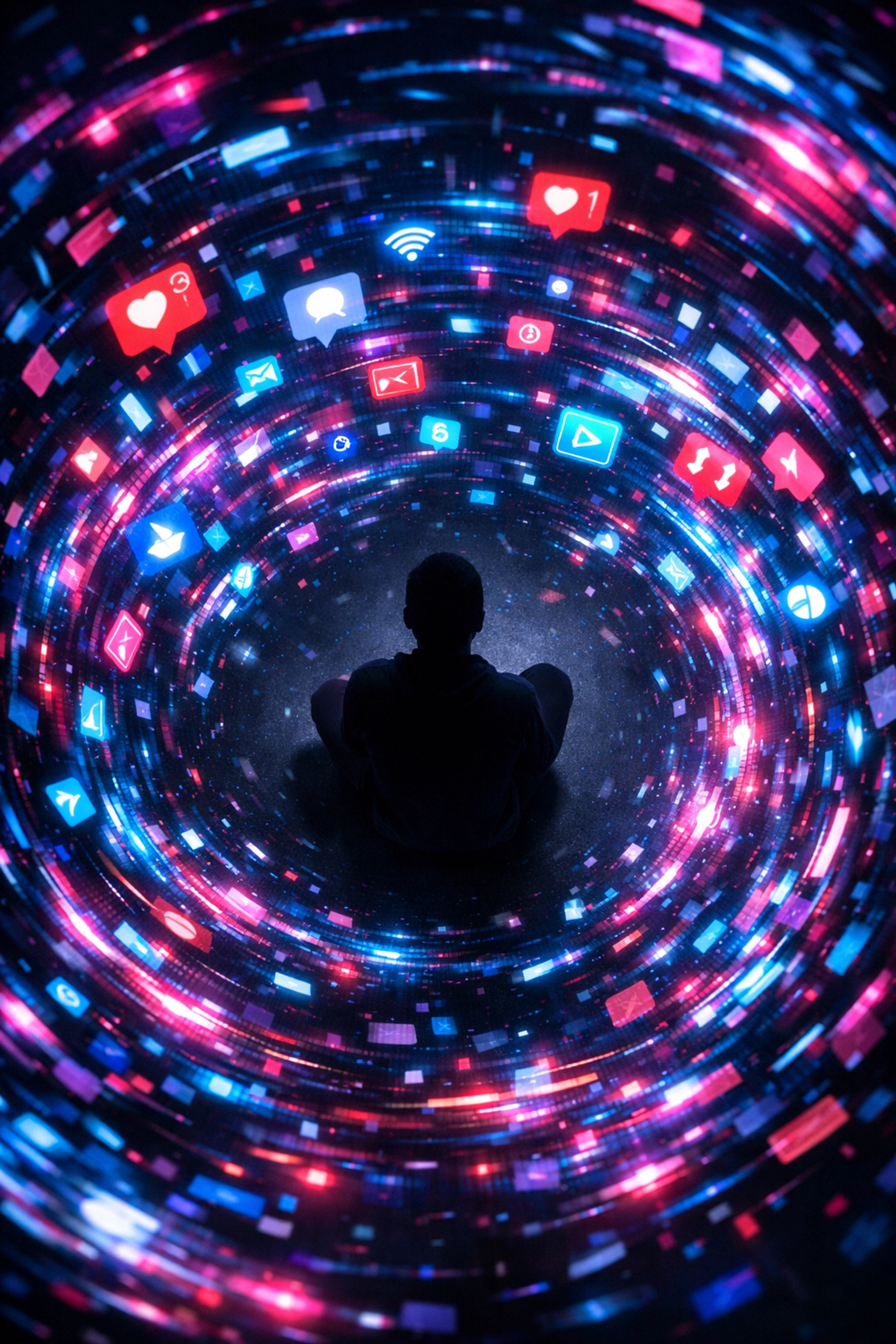 A person sitting in a vortex of digital notifications representing the overwhelming attention economy.