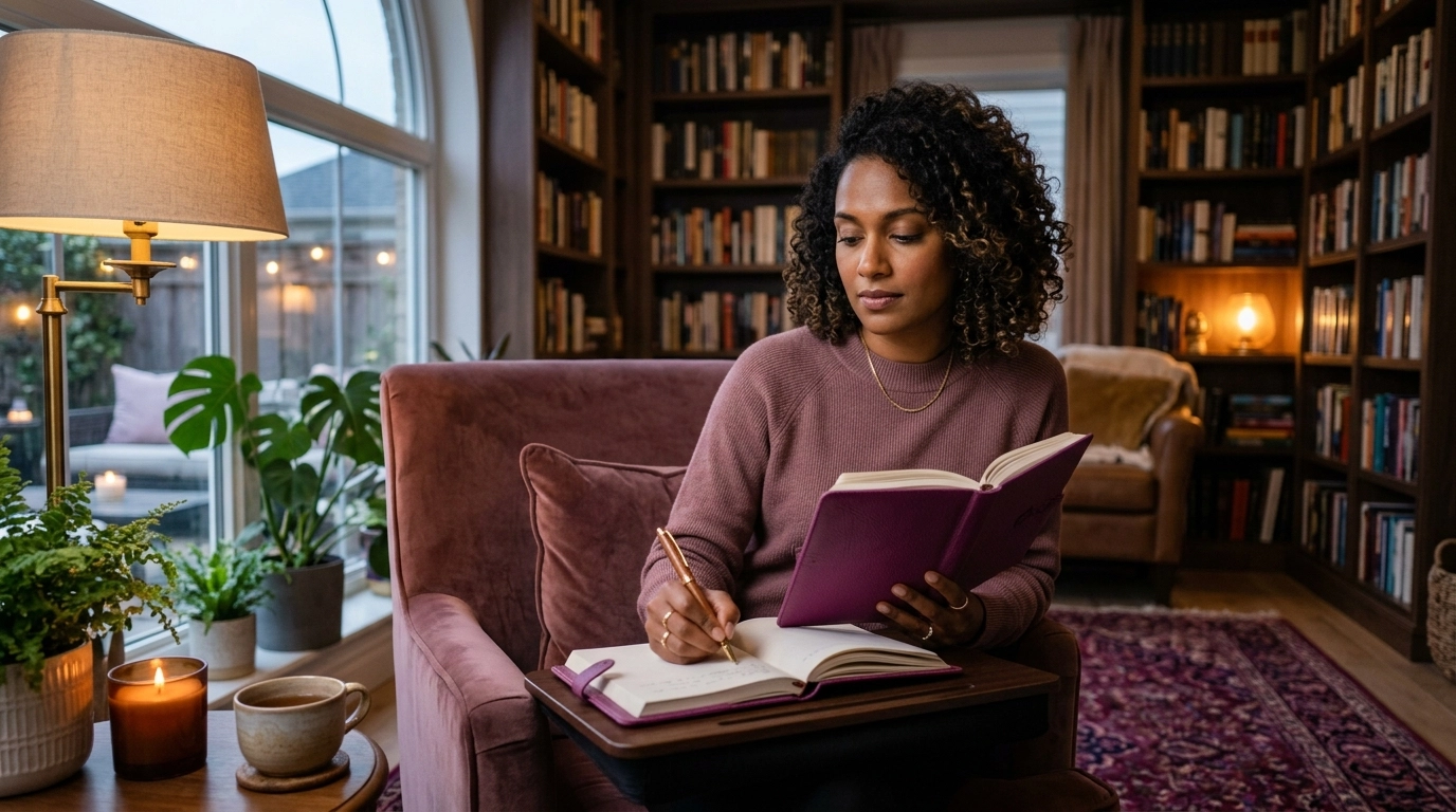 A diverse ambitious woman journals in an elegant home library, reflecting through small, honest steps.