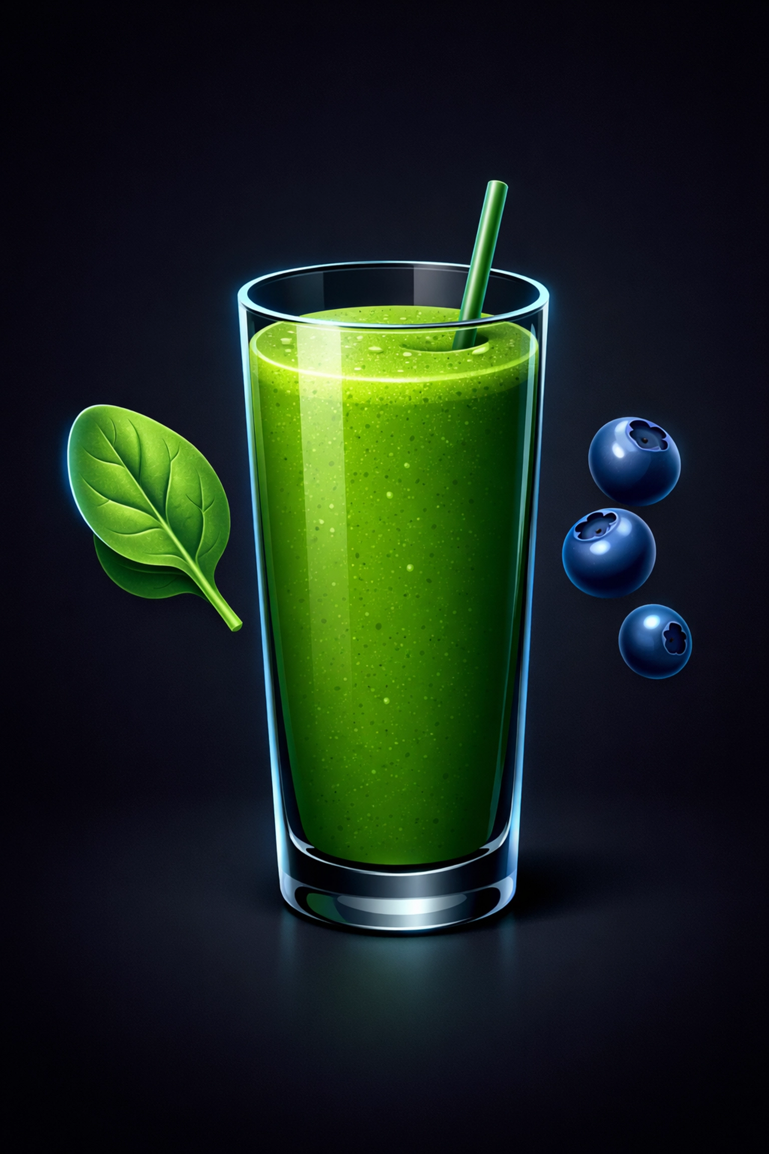 Vibrant green smoothie with spinach and blueberries representing high-density nutrition for busy adults.
