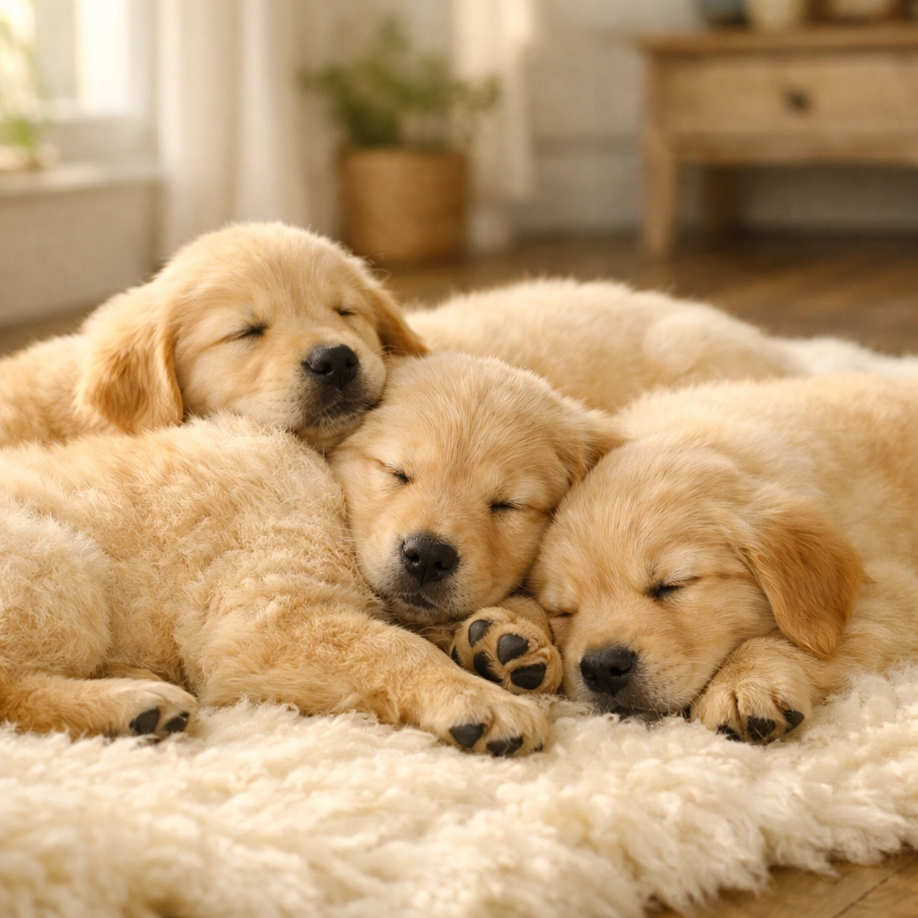 A pile of Golden Retriever puppies Oregon resting together to support brain development and memory consolidation.