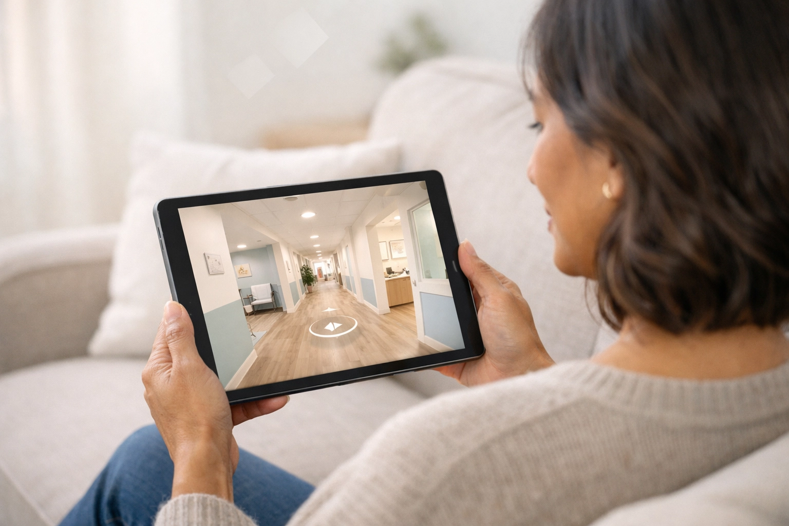 User exploring a virtual tour of a rehab facility on a tablet to ease the anxiety of new admissions.
