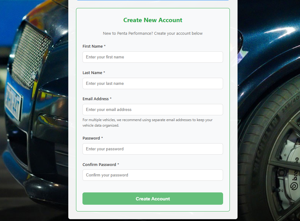 Account registration form for Penta Performance