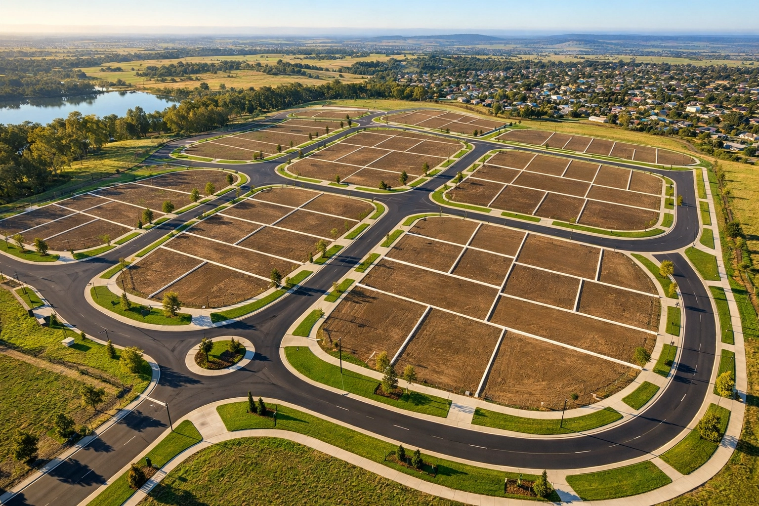 Aerial view of a residential land subdivision with infrastructure ready for large-scale development.