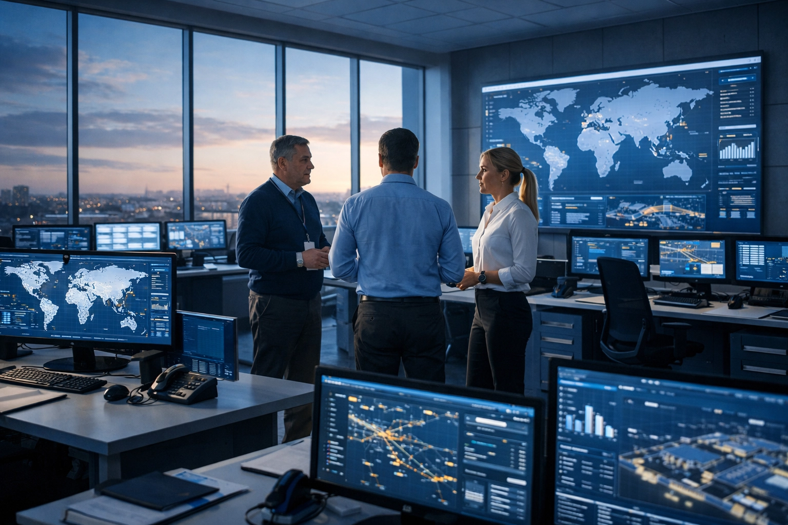Logistics managers conducting a morning stand-up meeting in a high-tech control room for 4PL coordination.