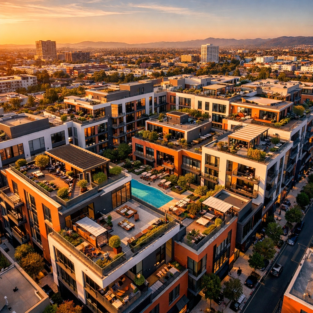 Luxury multifamily apartment complex aerial view representing institutional real estate investment