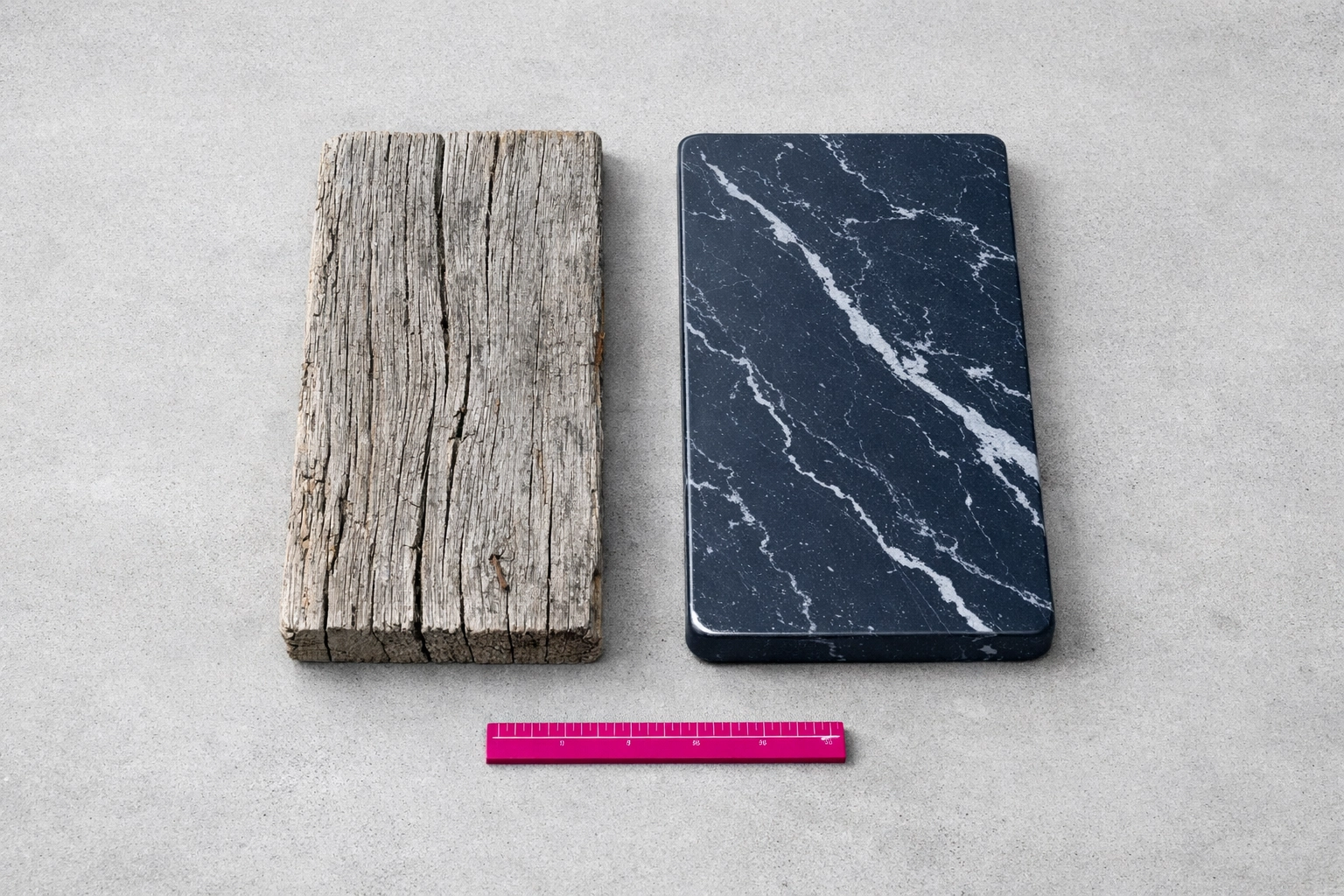 Comparison of weathered timber and a durable marbled recycled plastic panel for sustainable construction.