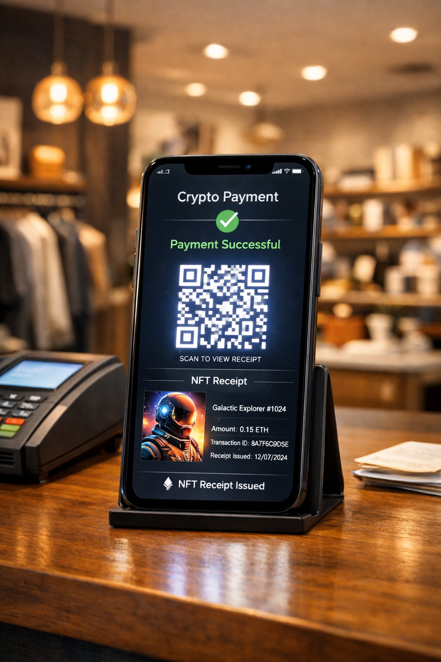 Smartphone displaying QR code crypto payment interface with NFT receipt at modern retail counter