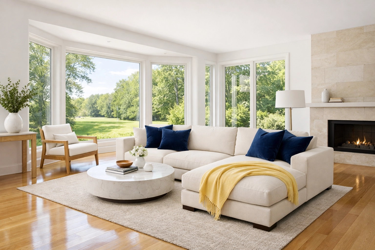 Sun-drenched living room with sparkling floors maintained by house cleaning in Ashburnham MA.