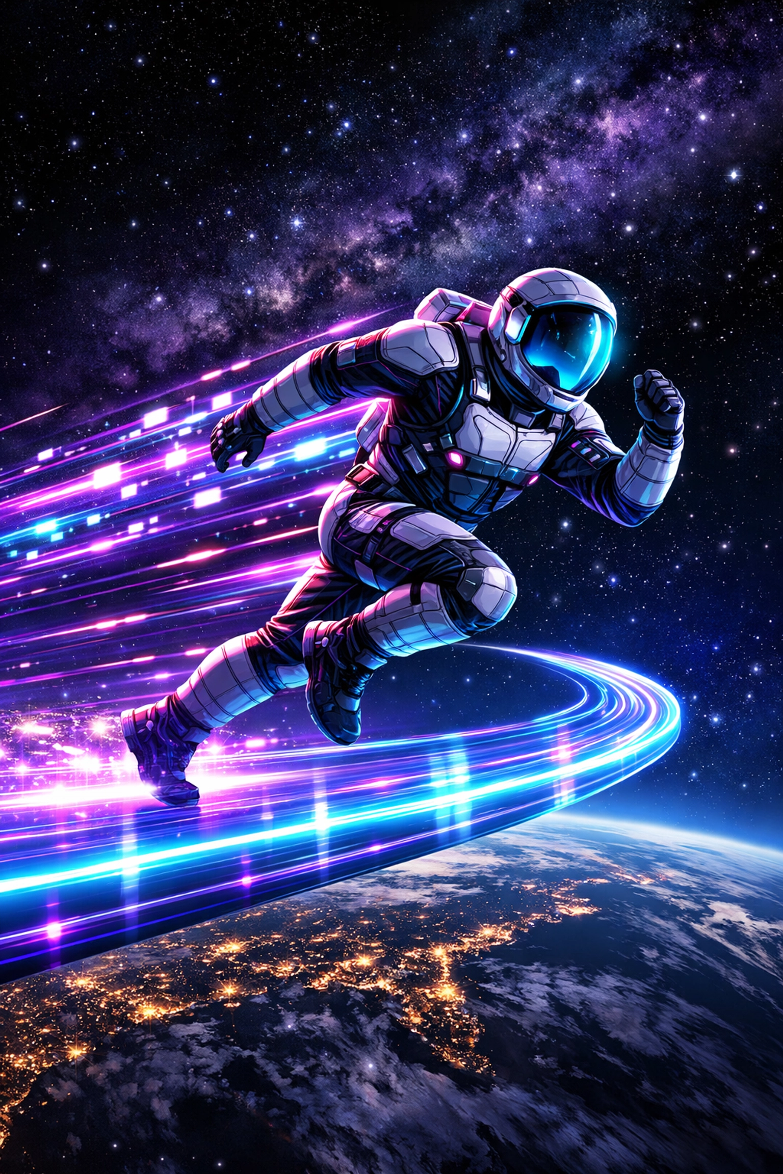 Astronaut running on a digital track symbolizing high-speed Web3 payments and the Larecoin marathon.