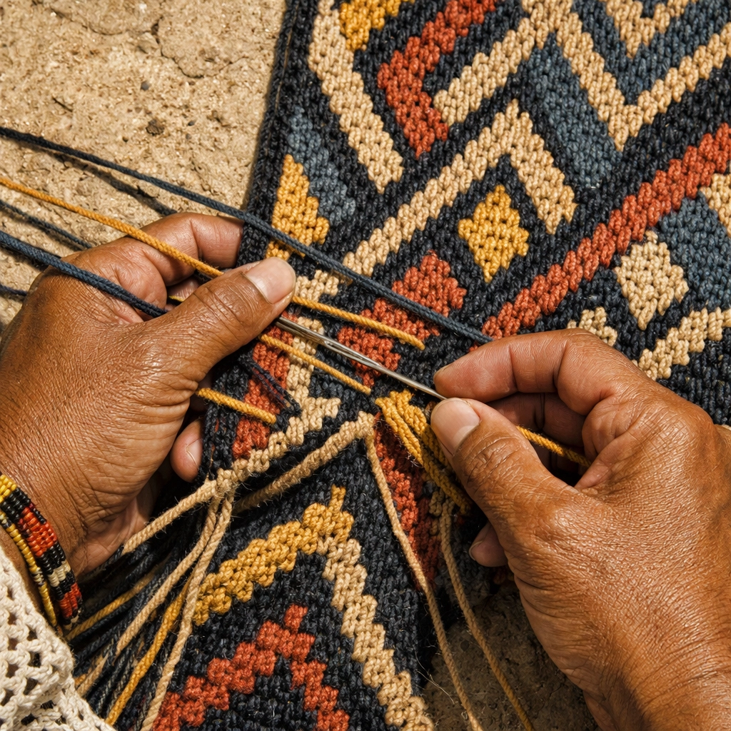 Artisan hands crafting a traditional Wayúu weave for Tigre de Salón in La Guajira, Colombia.