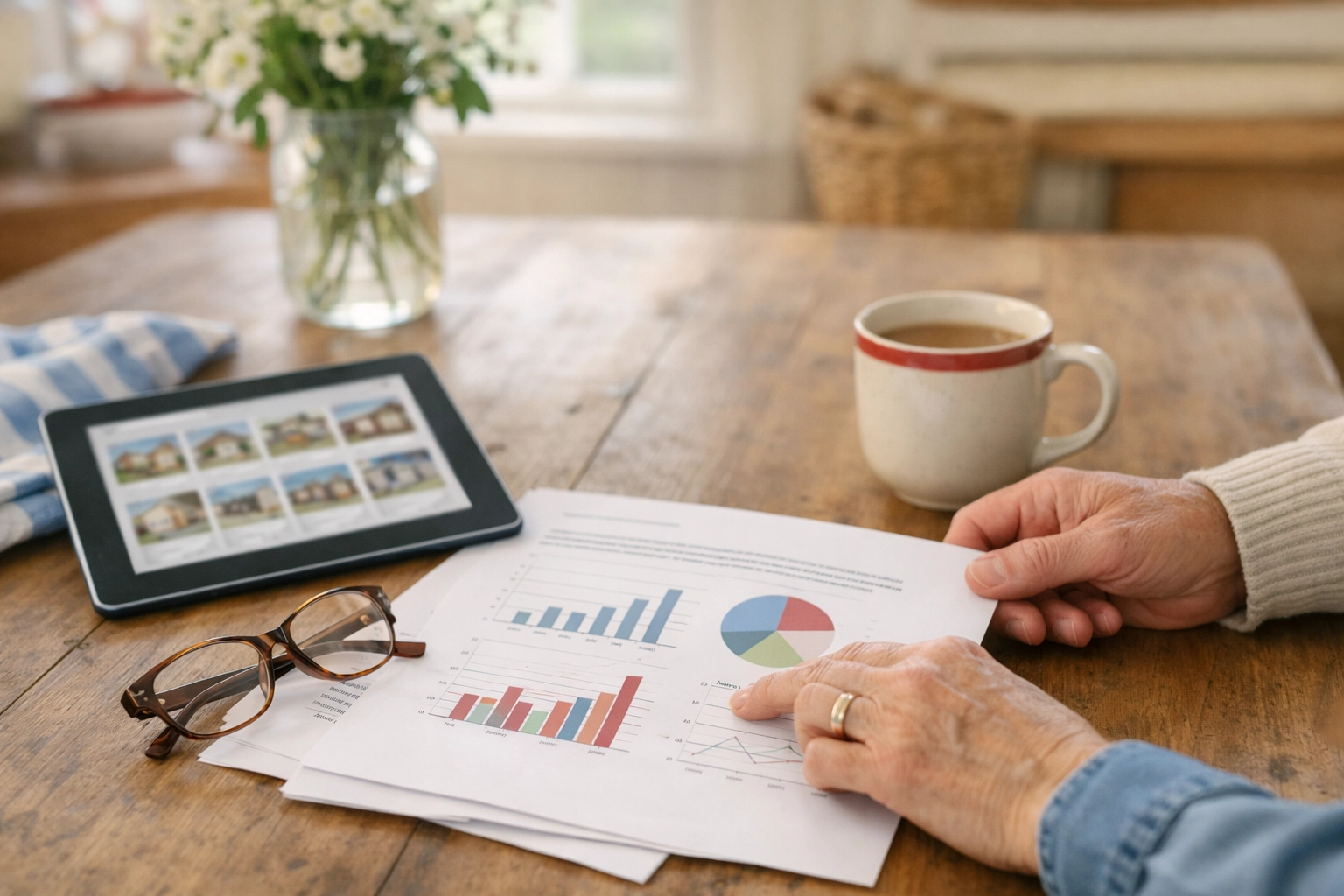 Couple reviewing Bucks County 2026 housing market stats for 55+ community planning