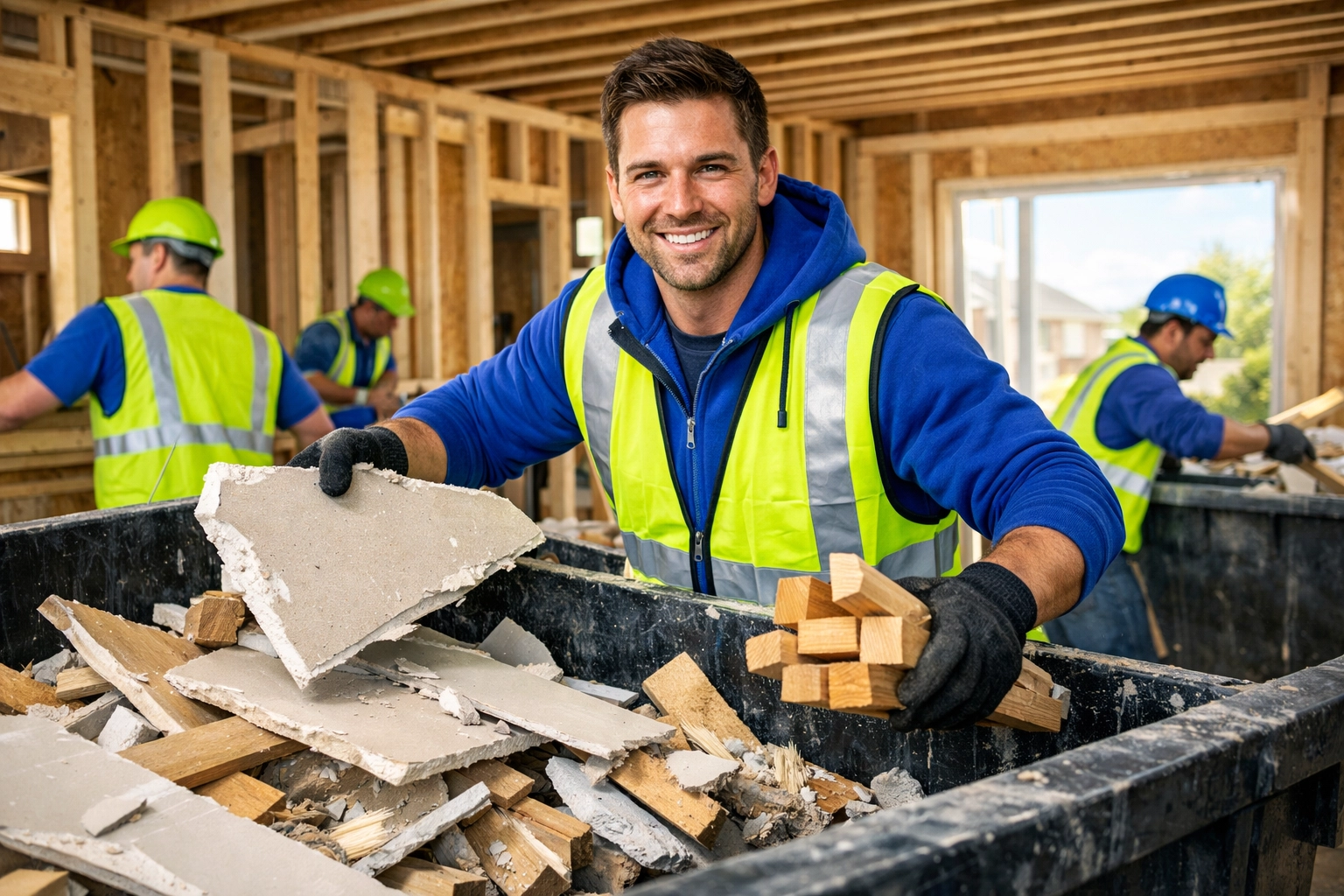 Construction Site Clean-up in Barrie: Keep Your Project Moving Junk GTA professional construction site clean-up in Barrie removing drywall and wood debris from a job site.