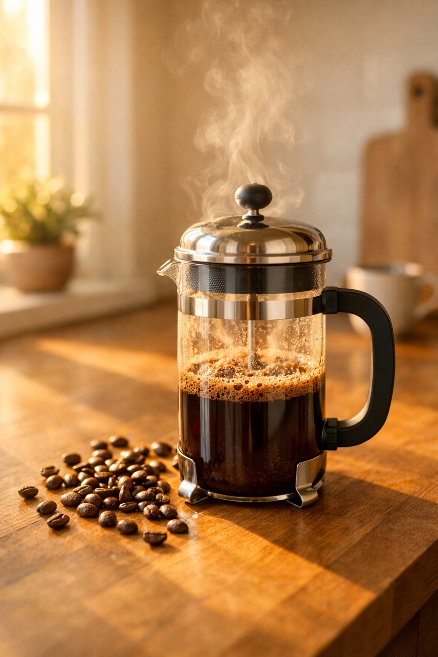 French press with blooming coffee grounds on kitchen counter with whole beans