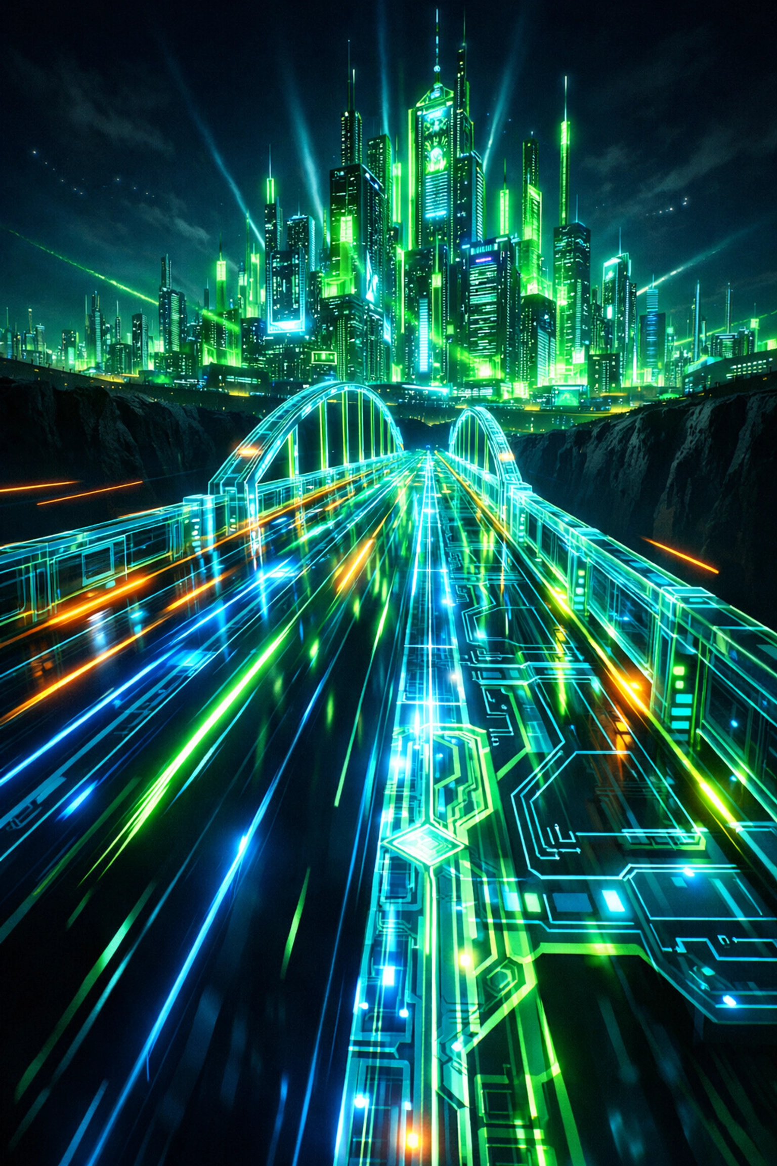 A neon digital bridge representing the path to industry readiness through AI assessment mastery.