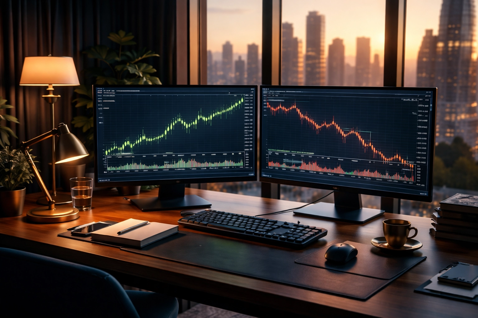 Financial analyst office with dual monitors displaying stock charts, illustrating equity long/short hedge fund strategies in 2026.