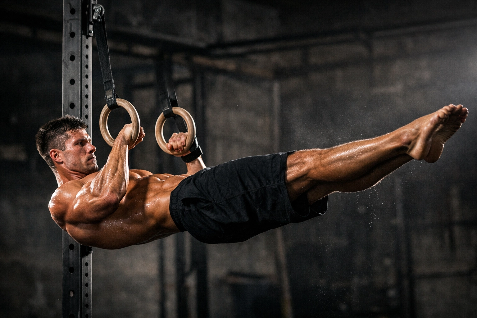 Athlete performing a front lever on gymnastic rings attached to a Resistance Rail for advanced calisthenics.