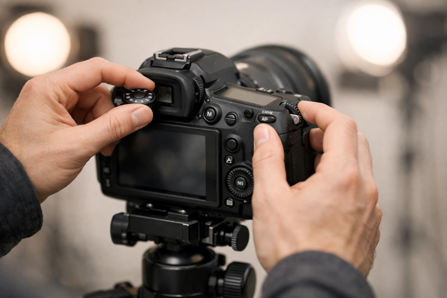 POV view of a luxury portrait studio setup in Pittsburgh with backdrop, lights, and tethered laptop (faceless).