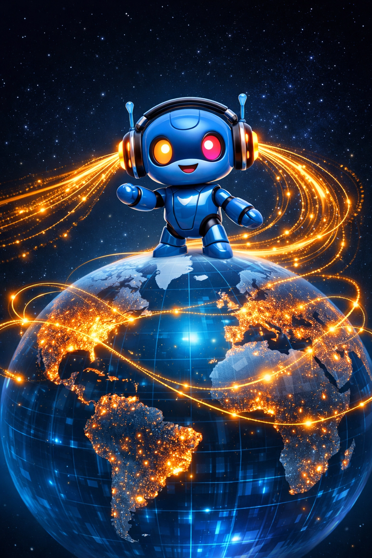 Friendly AI chatbot mascot on a digital globe representing automated multilingual customer support and global reach.