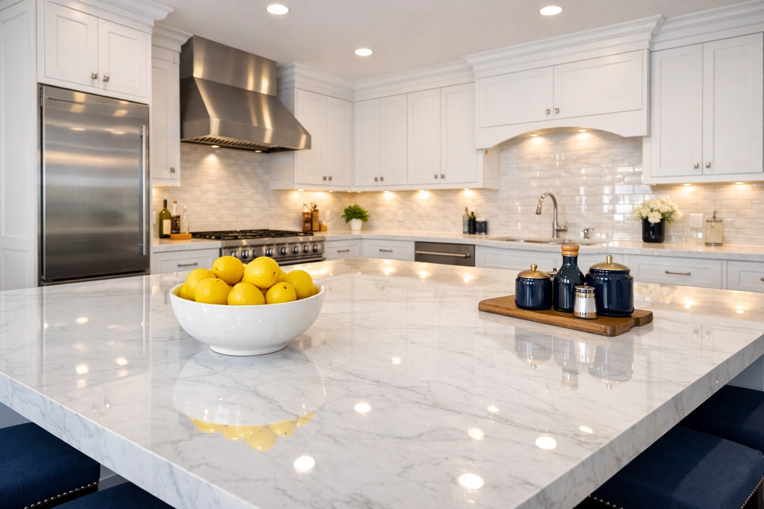 Pristine luxury kitchen with sparkling countertops after a professional weekly house cleaning in Carlisle.