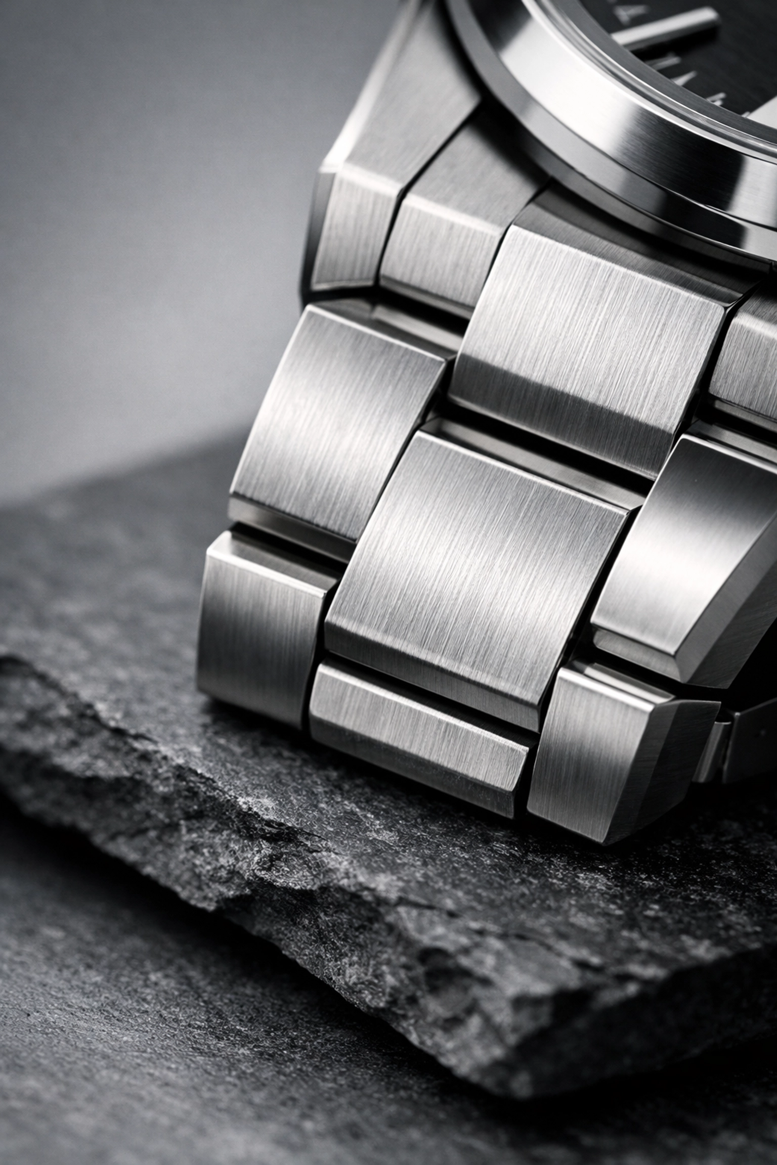 Detailed shot of a luxury watch steel bracelet on slate, representing the Patek Philippe Nautilus aesthetic.