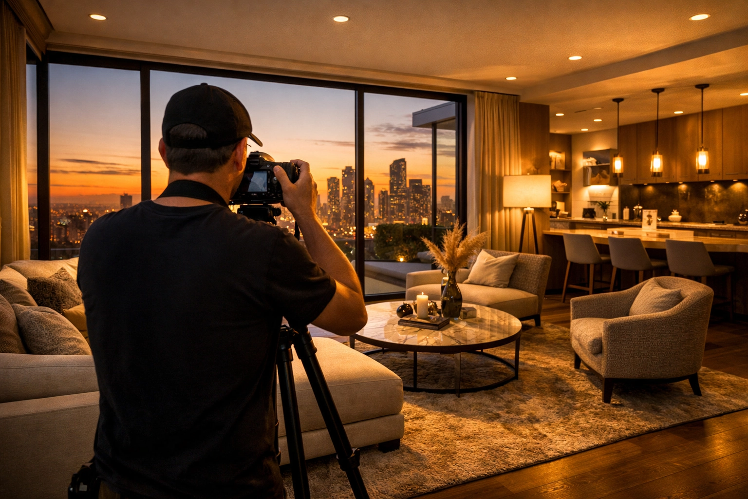 Real estate photographer using a tripod to capture a luxury interior during a golden hour photo shoot.