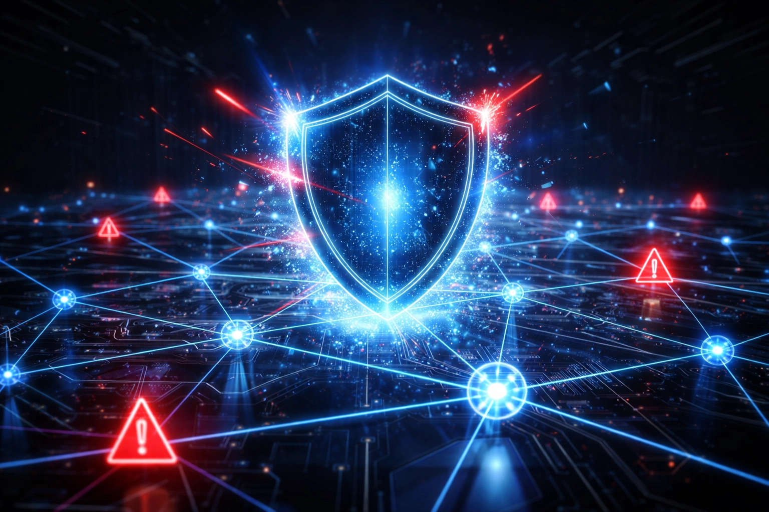 Digital shield protecting a connected defense network, symbolizing CMMC Level 2 DoD cybersecurity requirements