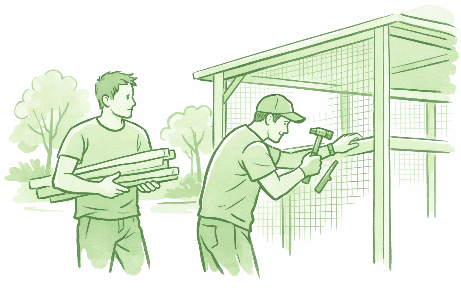 LGBTQ+ volunteers building aviary together at Wings of Support rescue center