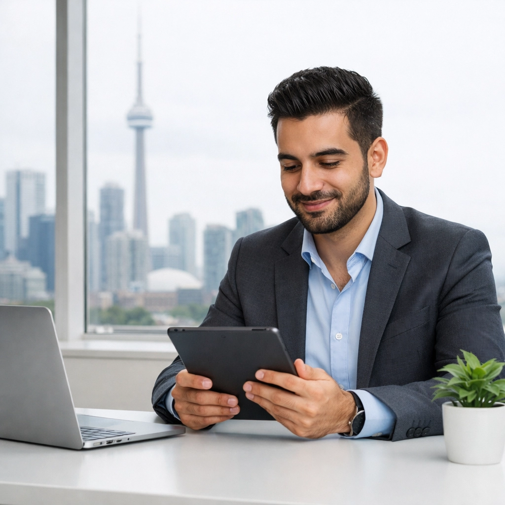 A Canadian startup entrepreneur reviewing business loan and CSBFL options in a modern office setting.