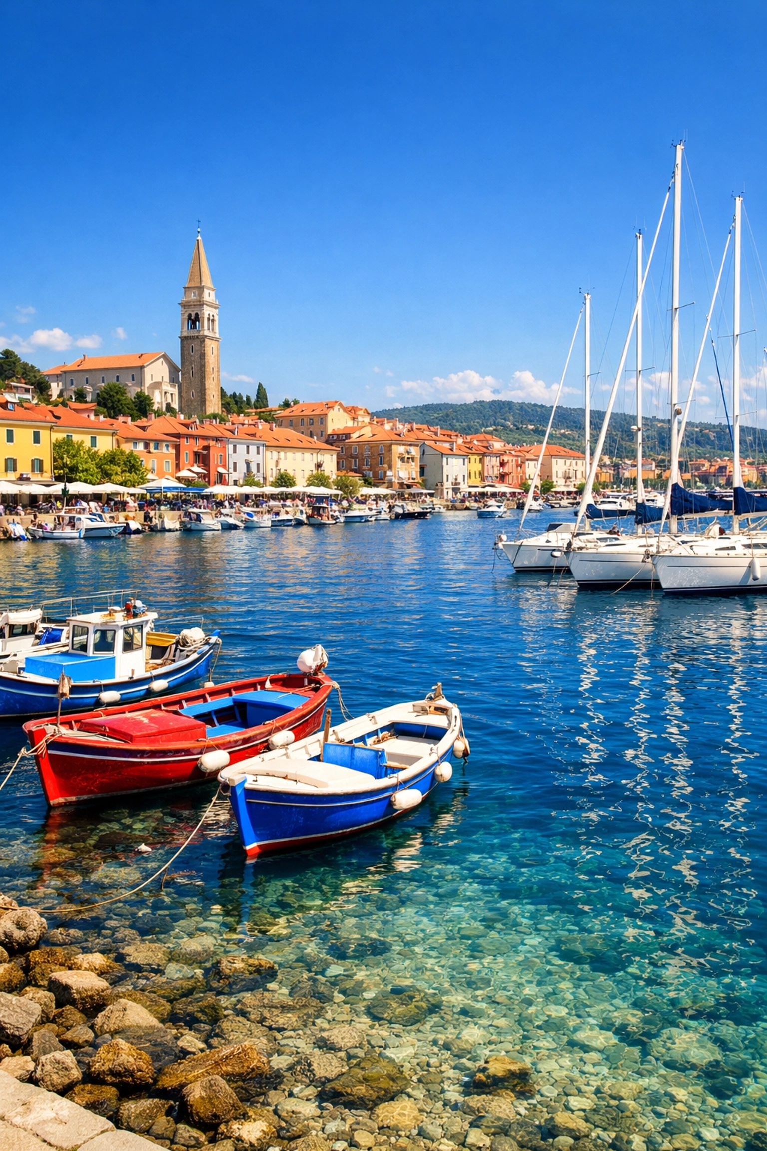 Sun-drenched harbor in Izola, Slovenia featuring colorful boats and terracotta roofs along the Adriatic.