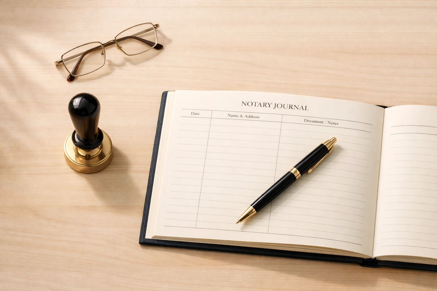 Professional notary workspace with official seal and journal in Alaska