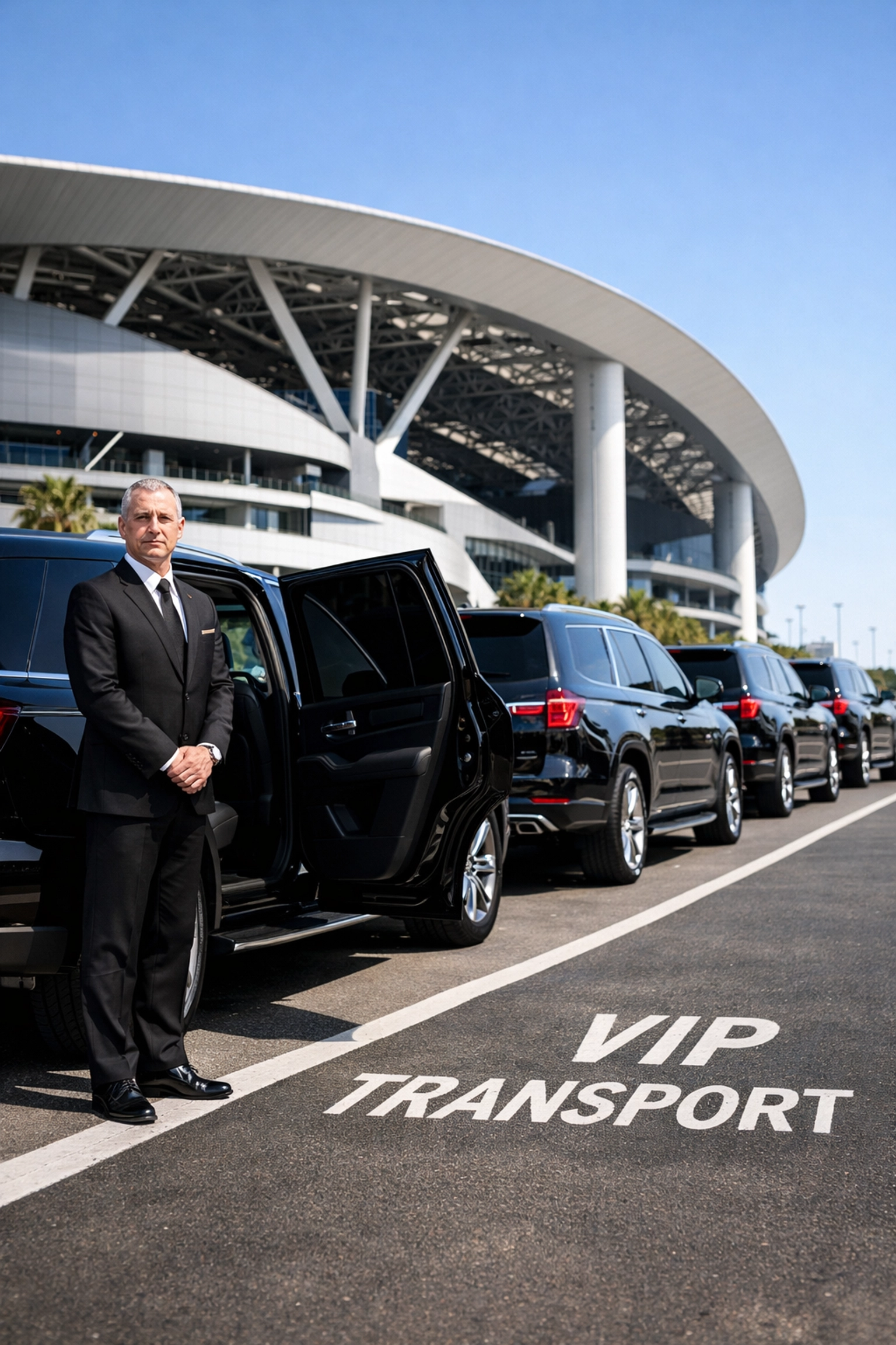 PRESS RELEASE: 7 Mistakes You’re Making with Super Bowl Corporate Hospitality (and How to Fix Them Before Kickoff) Professional chauffeur and luxury SUVs providing corporate transportation at a stadium for VIP guests.